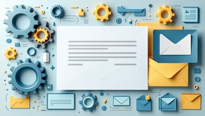 Newsletter signup illustration with gears and marketing icons Newsletter signup illustration with gears and marketing icons